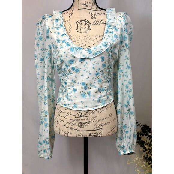 Free People Another Life Top White Combo Blue Floral Print L - Picture 9 of 16
